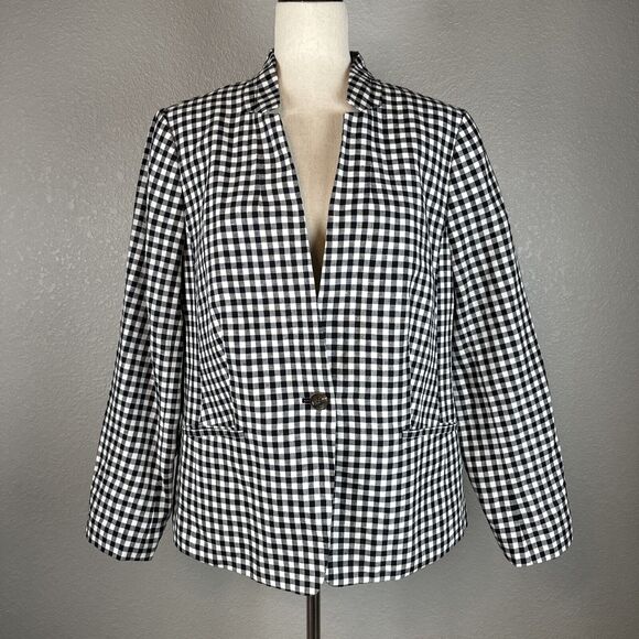 Talbots Womens One Button Blazer Size 16 Black White Gingham Plaid Linen Blend - Picture 2 of 10